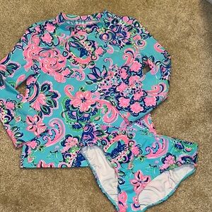 Lilly Pulitzer Blue and Pink Floral Rashguard Swim Top and Bottom.  Girl 14.